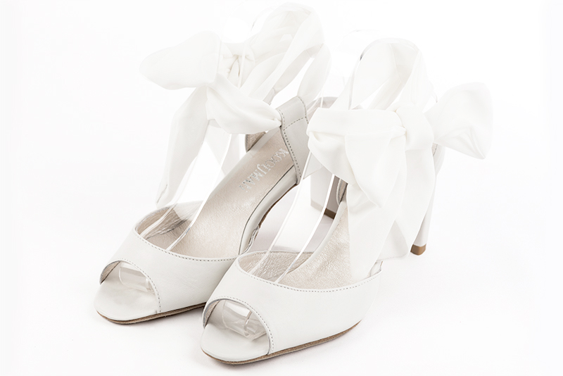Off white women's open back sandals, with a scarf around the ankle. Square toe. Medium comma heels. Front view - Florence KOOIJMAN